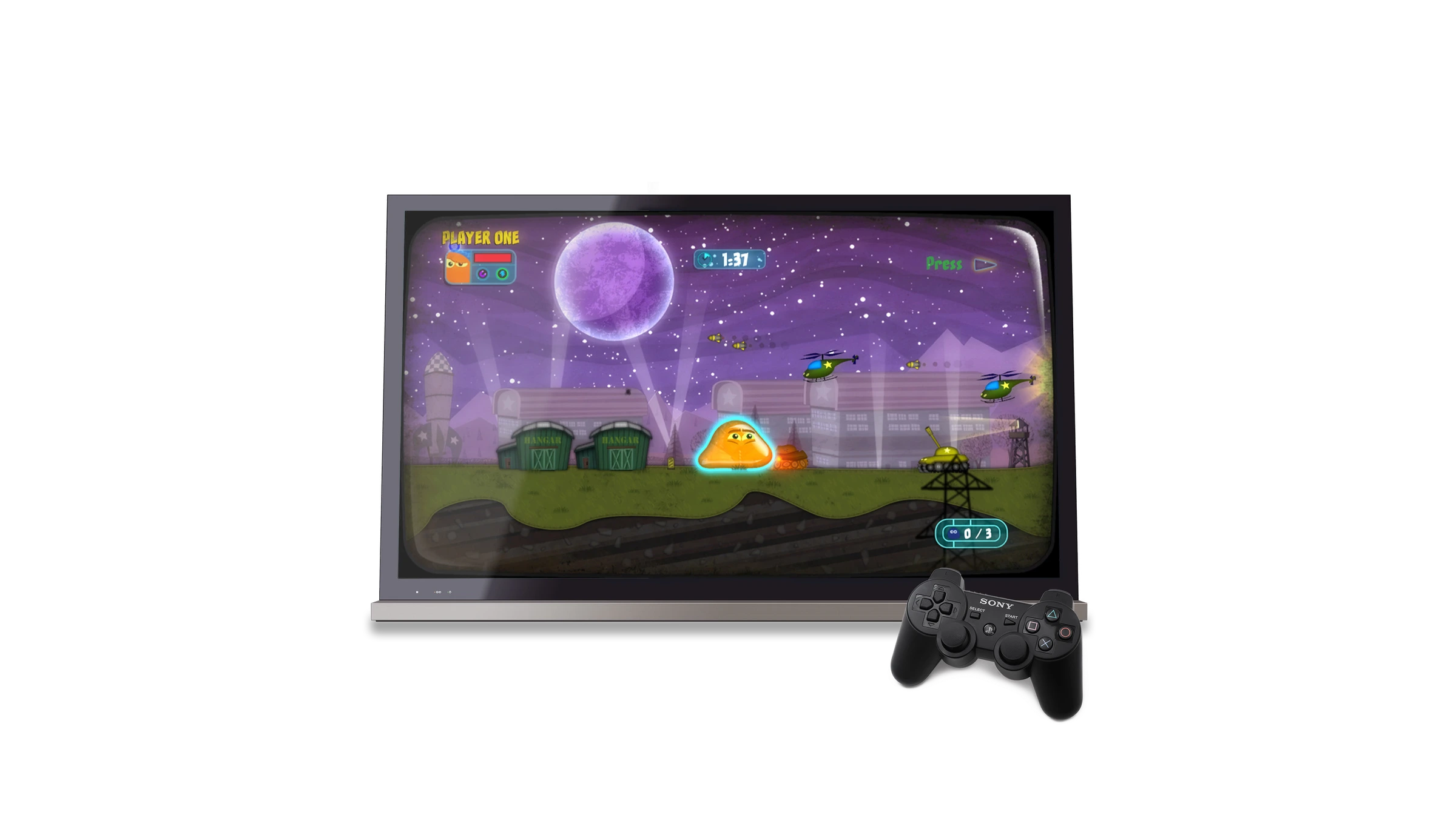 Tales from Space: About a Blob — gameplay screenshot on PS3 with the orange blob and pursuing tanks and helicopters
