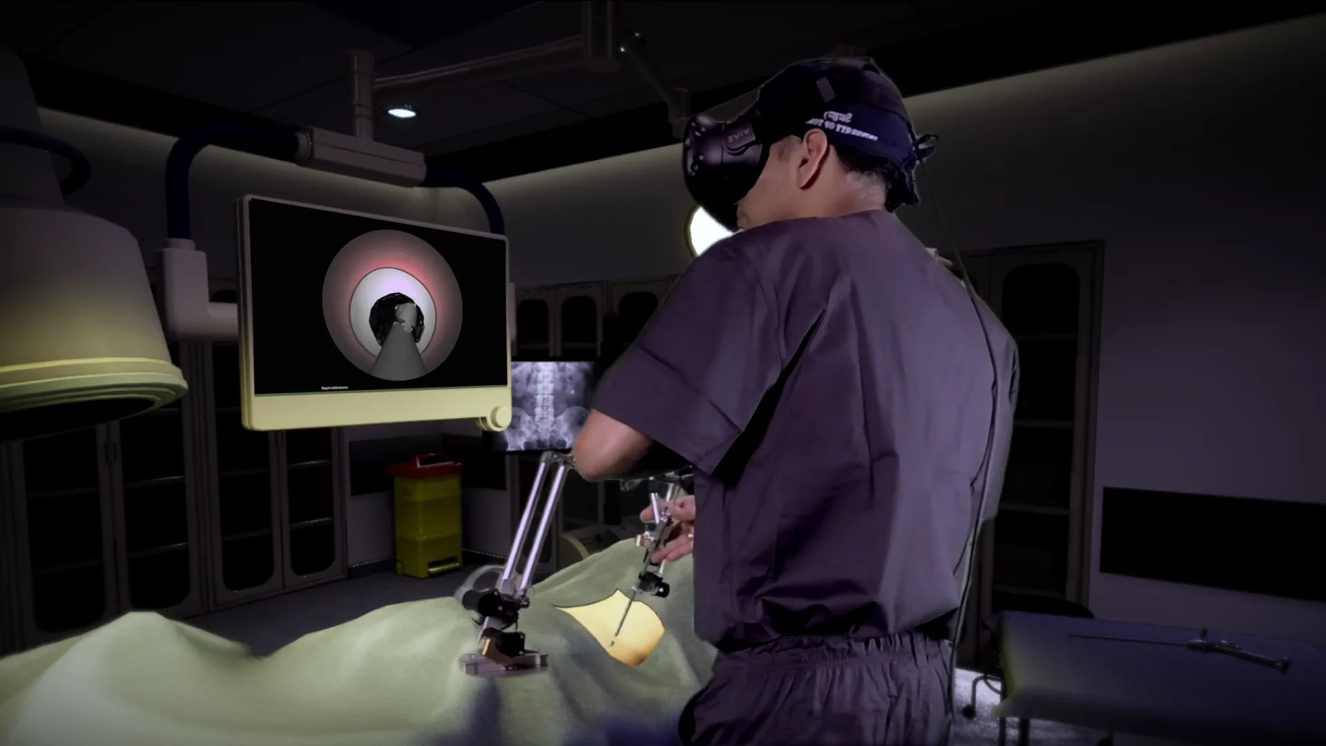 Surgeon in a VR headset practicing a procedure on the Marion Surgical simulator with haptic instruments